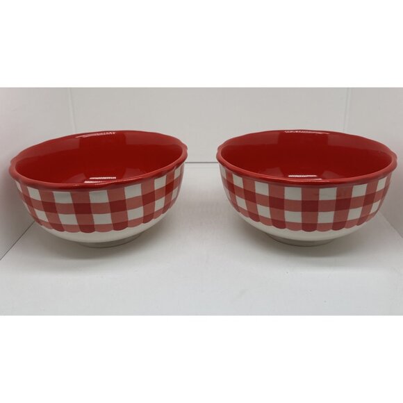 Pioneer Woman Red Gingham Bowls Set Of 2 Vintage Scalloped Ceramic -6.5” - Picture 1 of 6